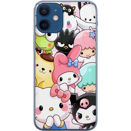 Kompatibelt Mobildeksel til Apple iPhone 12 Tett mønster av søte figurer med store øyne i ulike farger og uttrykk med LABUBU-tekst