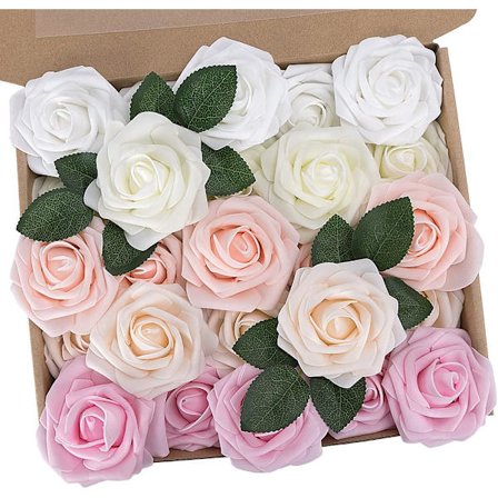 Kunstige roser, 25 stk skumroser med blad og justerbar stilk, falske roser til DIY bryllupsbuketter hage, bursdag, fest,