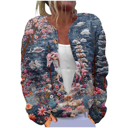 Julkofta för damer i stora storlekar med tryck, knappar, varm och bekväm grovstickad jacka