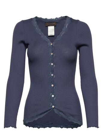 Silk Cardigan W/ Lace Strikket Trøje Cardigan Blå Rosemunde