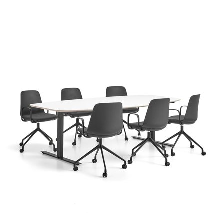 Möbelgrupp NOVUS + LANGFORD, 1 bord + 6 svart/antracitgrå stolar