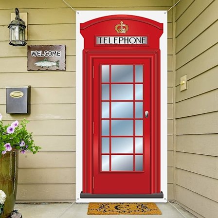Engelsk Telefonboks Dør Dækning, Stor Stoffet Rød Telefonboks Dør Dækning Hjem Leddelt Telefonboks Dekoration Banner Til Foto Baggrund Britisk 