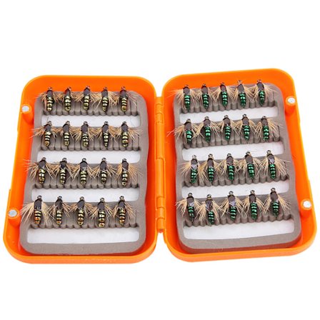 40 stk. Livaktige fluefiske fluer Ørretfluer Lokkemidler Kroker Fluefiske Kit Boks Gull og Grønn