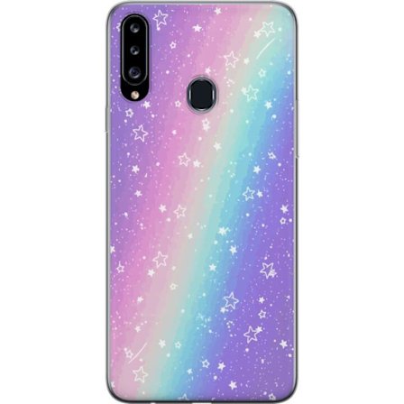 Kompatibelt Mobildeksel til Samsung Galaxy A20s Rainbow-farget pastellbakgrunn med hvite stjerner og gnistrende prikker i myk overgang