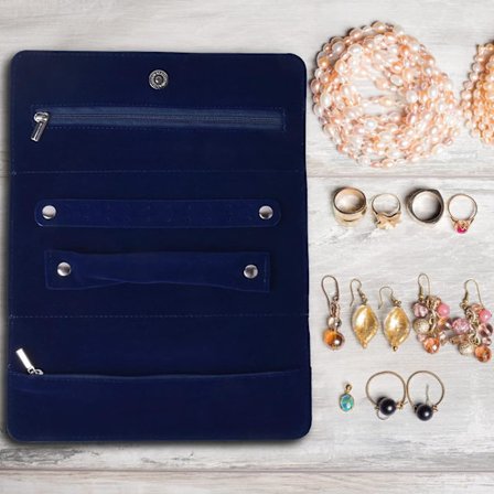 Mørkeblå - 1 smykkerulle, smykkeskrin for reiser, sammenleggbar smykkeveske for reiser, fløyels smykkeveske for reiser, smykkearrangør, for halskjede,