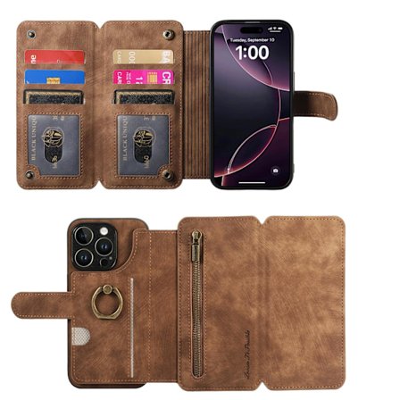 Etui til iPhone 13 brun Ekstra Stor Tri-Fold Flip Business RFID-Blokkerende Multi-Lommebok med Kortholder