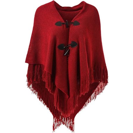 Elegant varm sjal poncho for kvinner (rød) åpen foran med frynser B