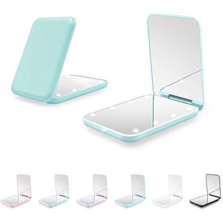 LED Makeup Spejl – Mintgrøn – Foldbart Håndholdt Spejl 8× LED 2835 – 2× Forstørrelse