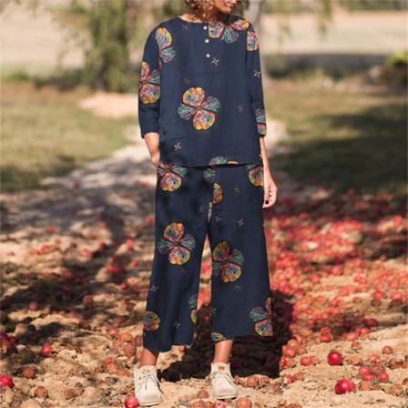 Boho Blommiga Printed Kvinnor Set 2 St Kostymer Sommar 3/4 Ärm Blo