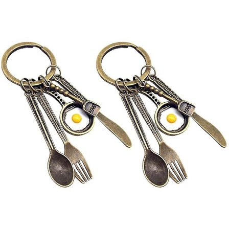 Paistetun munan avaimenperä leikkaustyökalu haarukka lusikka astiasto avaimenperät keittokirja roikkuva avaimenperä koriste (1, 2, kpl) 