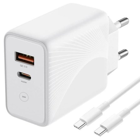 30W 2-i-1 PD 20W+QC 3.0 USB-laddare med USB-C-kabel för Xiaomi Mi 10 - 10 Lite - 10 Pro - 10T - 10T Lite - 10T Pro