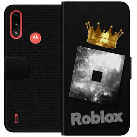 Kompatibelt Plånboksfodral till Motorola Motorola Moto E7 Power Minimalistisk svart och silverfärgad Roblox-symbol med gyllene krona och lyxig gamer