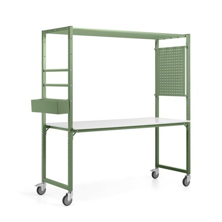 Mobile multi-table TEAMWORK, accessory box, tool panel, green, whiteboard table top