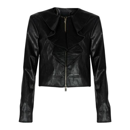 Pinko, Ruffle-Trimmed Cropped Jacket Zwart, Dames, Maat:L,polyester