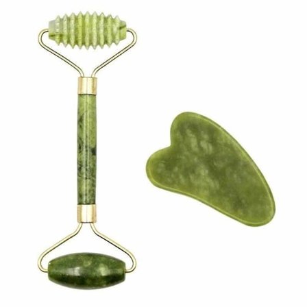 Gua Sha Skrapa + Jade Roller Stor Taggig - Grön
