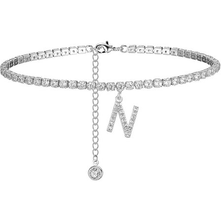 Initial ankelkæder til kvinder, hvidguldbelagt sød tenniskæde CZ bogstavsankelkæde sommersmykker gaver til kvinder teenagepiger N-sølv -