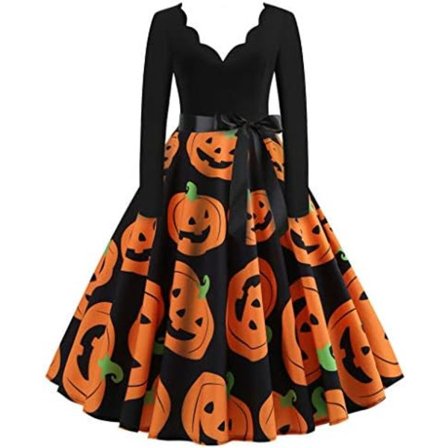 BTBDYDH Halloween Klänning Retro Långärmad V-ringad Klänning Utsvängd Vintage Hepburn Klänningar Pumpa Fladdermus Häxa Tryckt Cosplay Party Kostym 
