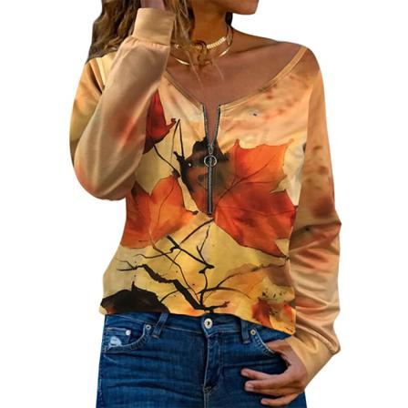 Print Dragkedja Långärmad V-ringad T-shirt Baggy Toppar