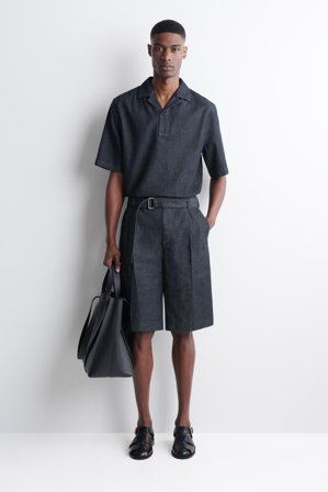 COS Men's Belted Wide Leg Denim Shorts in Blue