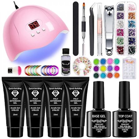 Negleforlængelses Gel Sæt Med UV/LED Neglelampe, 4 Farver, Rhinestone Perlepudder