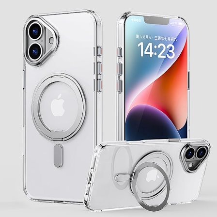Magnetisk for iPhone 16 eller 16 Plus-deksel [Kompatibel med MagSafe], Gjennomsiktig slank bakdeksel med 360° roterbar ringstativ Transparent 