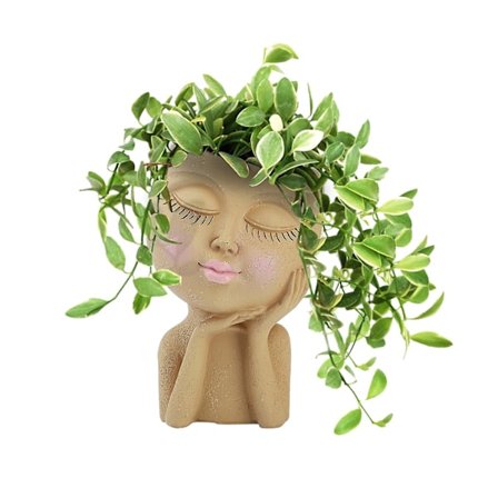 Ansiktsblomsterpotte, unike ansiktsplantere, harpikshode-planter for hagegave (beige)
