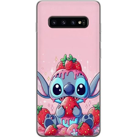 Kompatibelt Mobildeksel til Samsung Galaxy S10 Stitch Strawberry Love søtt motiv med blå figur som spiser jordbær i pastellstil