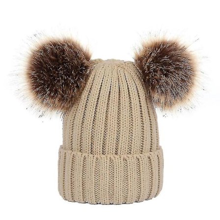Vinterstrikket Beanie-lue med Dobbel Pom Pom Ører for Kvinner og Jenter