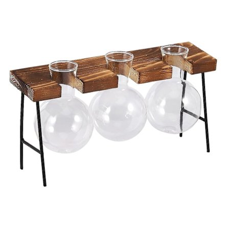 Lasipullo Läpinäkyvä Maljakko Puukehyksellä Kahvila Kolme Maljakkoa