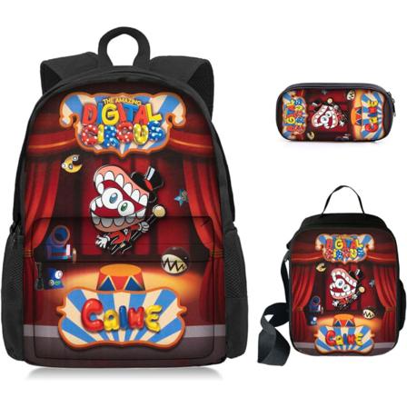 3-osainen setti Digitaalinen sirkus reppu Miesten ja naisten kevyet koululaukut, aterialaukut, kynälaukut, Amazing Digital Circus Anime reppu