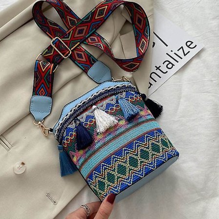 Canvas axelväska för tonårstjejer, etnisk stil, damhandväska med tofsar för shopping, semester