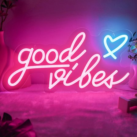 Good Vibes Neon Skilt Pink med Hjerte, Pink LED Lys, USB Drevet Good Vibes LED Skilt til Soveværelse, Hængende Lysende Skilt til Fest, Bar 