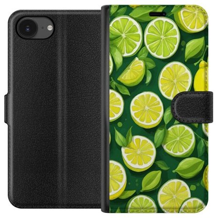 Kompatibelt Lommeboketui til Apple iPhone 16e Fargerikt sitrusmønster med lime og sitroner og grønne blader på en mørk grønn bakgrunn