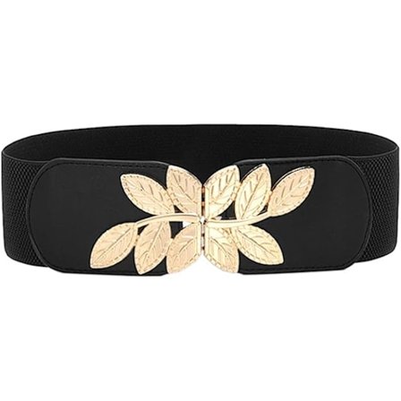 Dame stretchbelte for kjoler, jumpsuit, kåpe, vintage elastisk bredt bladbelte, midjebånd, gullbelte, svart