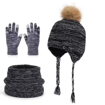 Black-in 1 vinter skjerf, lue og hanskesett for barn, tykk vinterfleece, termisk stoff, 3 til 6 år, vintertilbehørssett