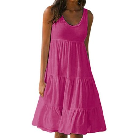 Dame sommer smockkjole Dame Ferie Strand Ledig Baggy Volang Mini Solkjole Rosarød Rose red M