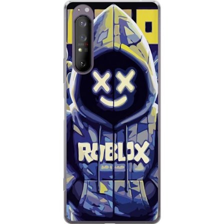 Kompatibelt Mobilskal till Sony Sony Xperia 1 II Blå-gul Roblox huvtröja-figur med minimalistisk neonstil och meshansikte, modern spelillustration f
