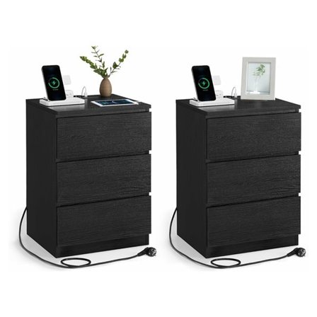 2 st sängbord med 3 lådor, el- och USB-uttag – Svart