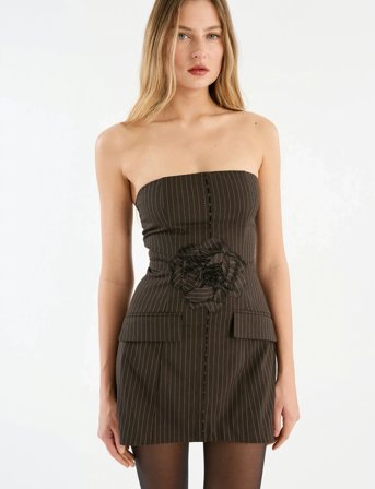 ROTATE Birger Christensen Pinstripe Belted Long Top - Brown - 38