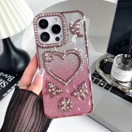 Hot tilbud til lav pris! Kompatibelt med Apples mobiltelefoncover med gradient glitter, galvaniseret strass, hjerte, sommerfugl, beskyttende cover - 