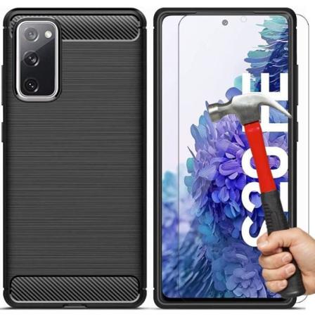 Set med 2 härdade glasögon med fodral för Samsung S20 FE (6,5") Svart tjock linjeeffekt massivt stål Anti-chock Anti-Scratch