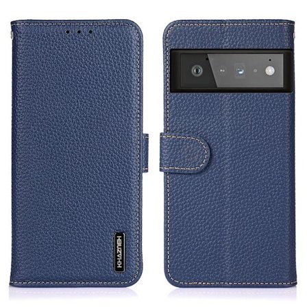 KHAZNEH Litchi ægte læder pungetui Google Pixel 6 - Blå