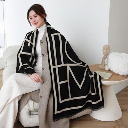 Dame Trykt Fashion Varm Tørklæde Sjal Indpakket med Kvaster Vinter Tyk Tæppe Poncho Jakke MO-Sort