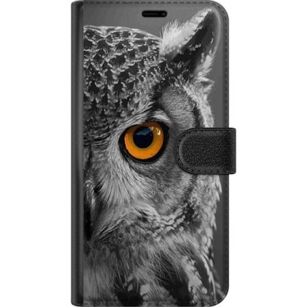 Kompatibelt Lommeboketui til Xiaomi 15 Pro Svart og hvit nærbilde av en ugle med kraftig oransje øye og detaljert fjærstruktur.