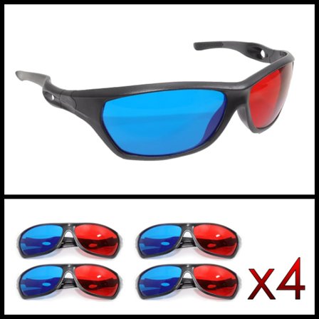 Anaglyf 3D-briller (rød og cyanblå), 3D-briller til TV eller datamaskin, sportslig stil, merke 4-pakning