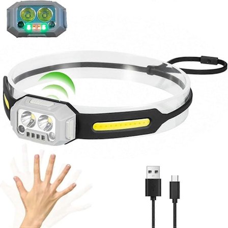 Hodelykt for barn, oppladbar, LED, supersterk, 4 moduser, bevegelsessensor, vanntett, 200 lumen, for camping