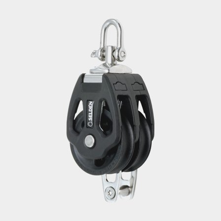 Bloco duplo com manilha Seldén PBB 80, giratório, de deslizamento, com mordedor, para cabos Ø12 - 16 mm