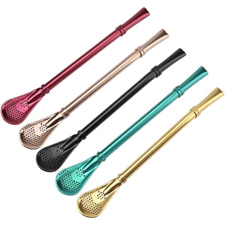 5 stk Rustfrie Sugerør Rustfrit Stål Metal Drikkestraws Ske