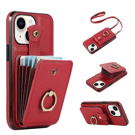 Til iPhone 15 Etui Kortholder Ring Støtteben TPU+PU Læder Telefon Cover med Lang Rem [DB]