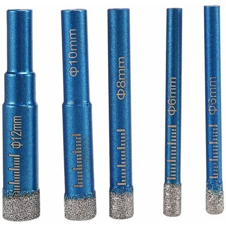 5 stk. tør diamantbor-sæt til granit, keramiske fliser, sten, glas, hårde materialer, rund skaft 6 mm, 8 mm, 10 mm, 12 mm
